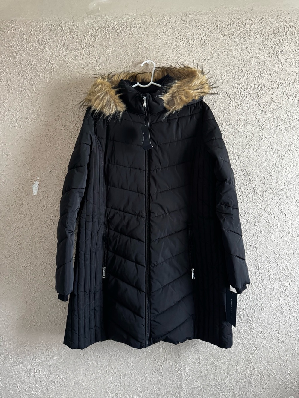 Tommy Hilfiger Black Hooded Quilted Puffer with Faux Fur Trim